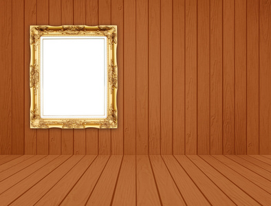 空白的金框，在白色的木墙 木地板的房间里