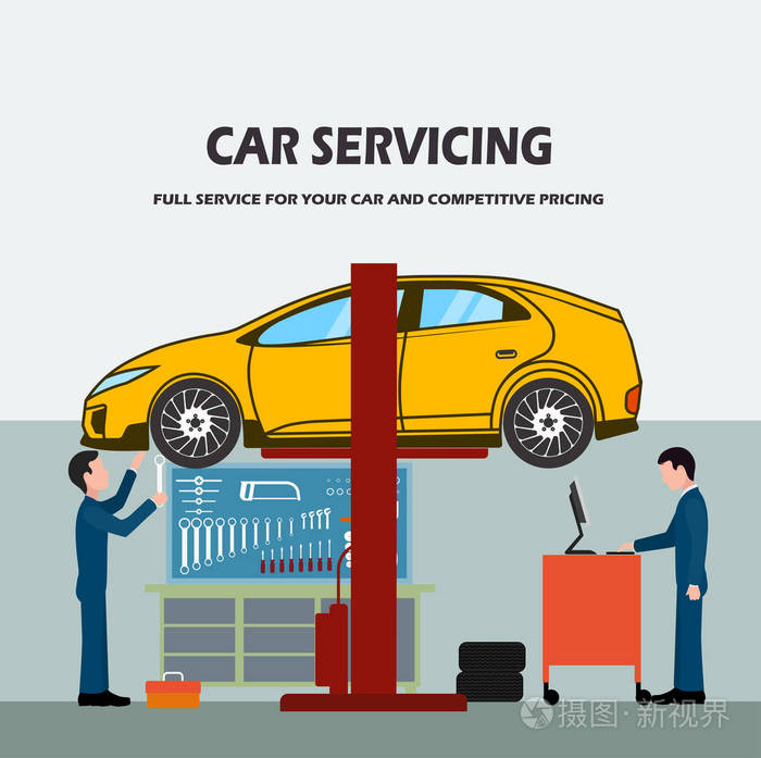 后面的一辆车的维修的汽车维修车间工人插画-正版商用图片00j4zg-摄图