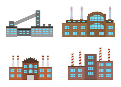 工厂设置隔离在白色背景。工厂中平面样式的图标。工业厂房