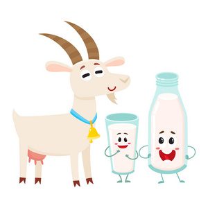 农场山羊和牛奶瓶字符与人类笑脸