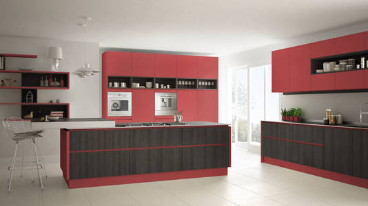 木制和红色的细节，简约现代白色厨房我
