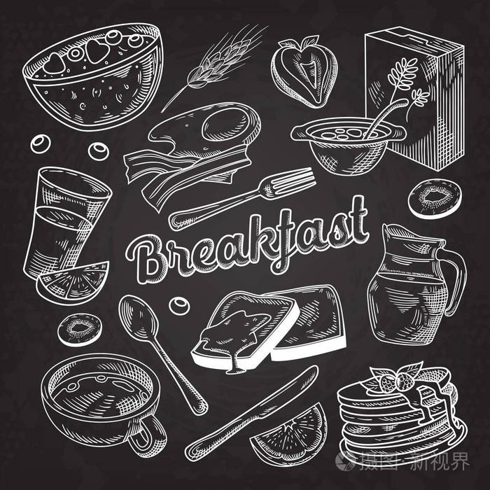 健康早餐的手画的涂鸦.食品和饮料素描.玉米煎饼果汁和水果.矢量图