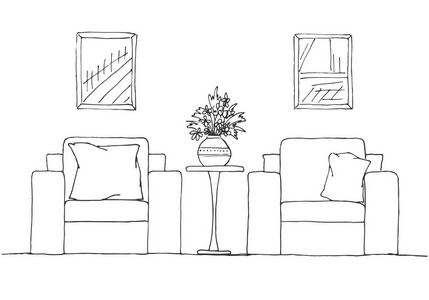 两张扶手椅和高桌。与花在桌子上的花瓶。手工绘制的内政。在素描风格的矢量图