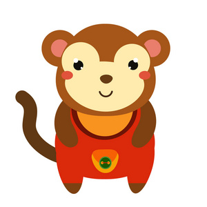可爱的猴子在红色连身裤。卡通卡哇伊动物人物。孩子和婴儿时尚的矢量图