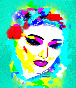 色彩艳丽，抽象波普艺术形象的女人的脸与头发中的花朵