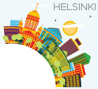 赫尔辛基天际线与颜色建筑物 蓝蓝的天空和副本空间