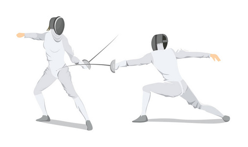 孤立的击剑运动员击剑.穿击剑服的男子用剑练习.