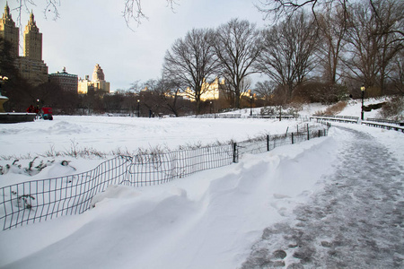 路和雪在中央公园和大厦与落日的天空