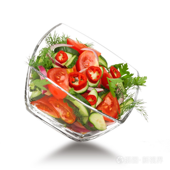 玻璃沙拉碗蔬菜飞行 番茄 胡椒 cucu