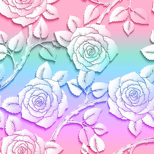 剪纸艺术花背景无缝模式。折纸玫瑰枝花上彩虹色背景。矢量股票图和分层的体积效应