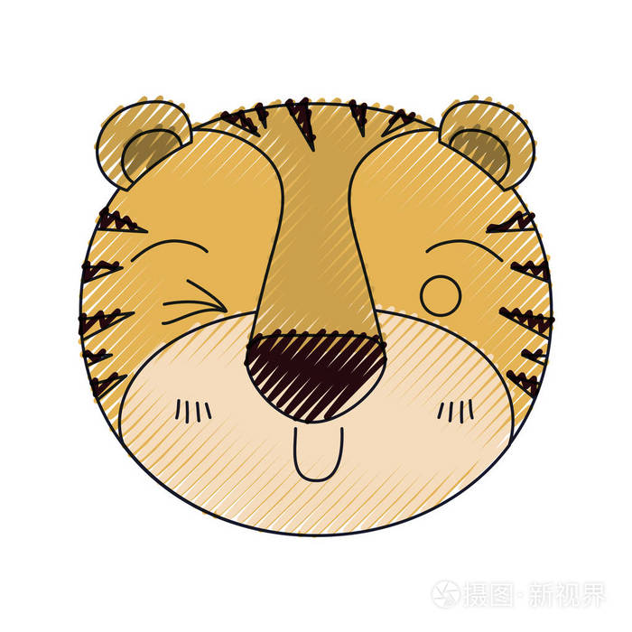 彩色蜡笔剪影可爱的脸的老虎眨眼的眼神