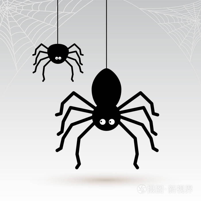 卡通蜘蛛与蜘蛛网的角落里.矢量图.灰色的背景上孤立