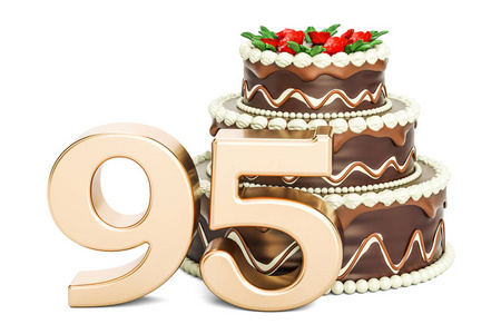 与金数 95，3d 渲染的巧克力生日蛋糕。