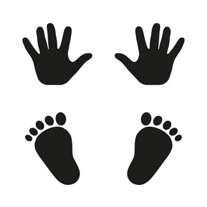 儿童脚印手和脚的孩子在白色背景上的脚印照片