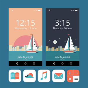 乘坐游艇出海的黑夜和白天城市景观背景上。你的手机的的壁纸。矢量 icons.pe