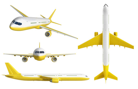 白色和黄色的飞机在白色背景上设置 3d 渲染