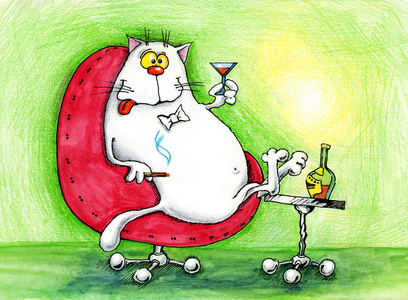 坐在椅子上的猫拿着杯子和雪茄照片