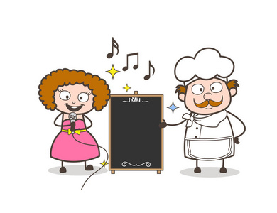 卡通女歌手一同呈现信息横幅矢量的厨师