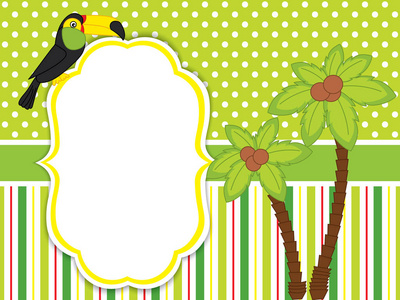 可爱的卡通巨嘴鸟与棕榈树矢量卡模板
