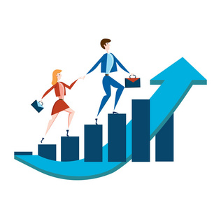 商务男人和女人的公文包走上收入增长上升图.矢量图,白上孤立照片