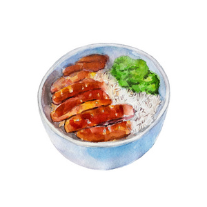 照烧鸡肉与米饭和蔬菜，孤立的白色背景上的水彩插图
