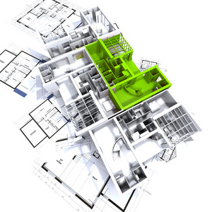 蓝图上的绿色公寓模型图片