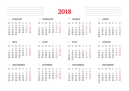 2018 年白色背景上的日历。矢量设计打印模板。周从星期一开始。文具设计