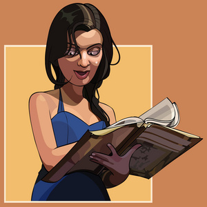 兴趣卡通卡通女人感兴趣地竖起大拇指一本大书照片