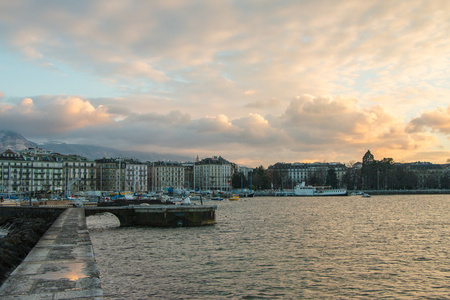 View of Geneva, Switzerland waterfront from the Jete des Eaux