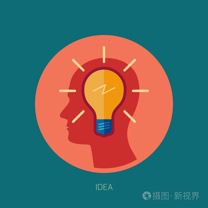 想法, 灵感, 洞察力或视觉概念平面设计图标的插图与人类头部的轮廓