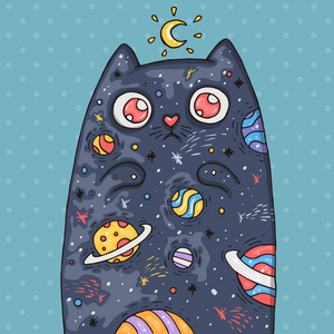 卡通可爱猫咪与宇宙内.在漫画的时尚风格的卡通插图照片