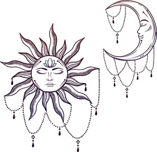 月亮和太阳与脸的矢量插画照片