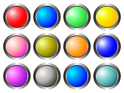 一组五颜六色的3D按钮隔离在白色上