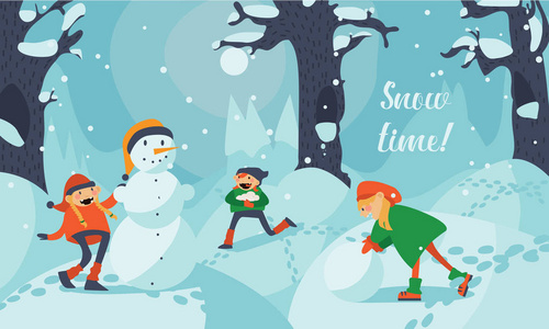 可爱的可爱的孩子，在冬季景观堆雪人。女孩和男孩运行和树之间的雪堆雪人