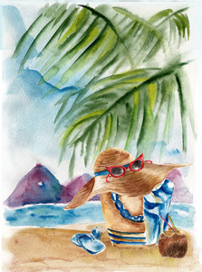 与沙滩袋 鞋 太阳镜和椰子在海滩上的水彩插图