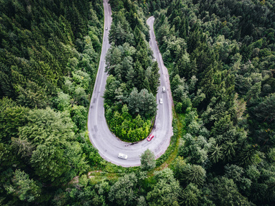 曲折的道路，在森林里，从上面看