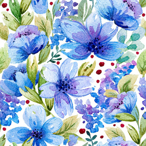 无缝模式与水彩的叶子和蓝色的花