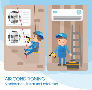 专家工作与设备.安装或修理的空调.图形元素为横幅或海报设计的照片