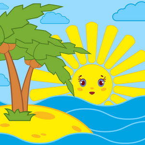 棕榈树和日出的卡通太阳在蔚蓝的大海照片