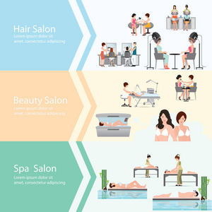 三个水平横幅与客户在 spa 美容美发