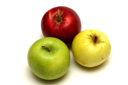 三个不同颜色的苹果照片