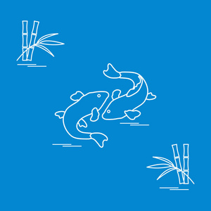 两个鲤鱼锦鲤和竹子的程式化的图标。旅游与休闲