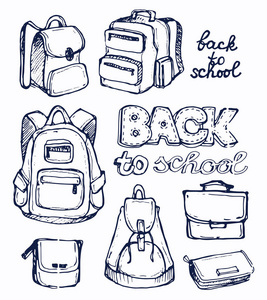 手绘包包书包手绘的草图向量设置涂鸦背包.休闲背包,时尚背包.矢量图.