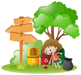 捡垃圾的花园里的小女孩照片