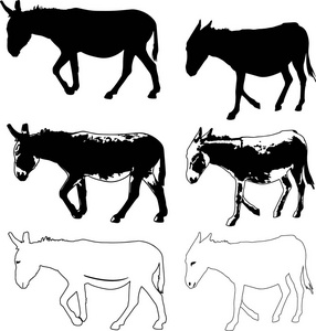 驴黑色剪影现实灰色山羊, 母牛, 驴剪影.