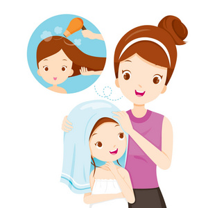 妈妈头母亲擦女儿头发用毛巾照片