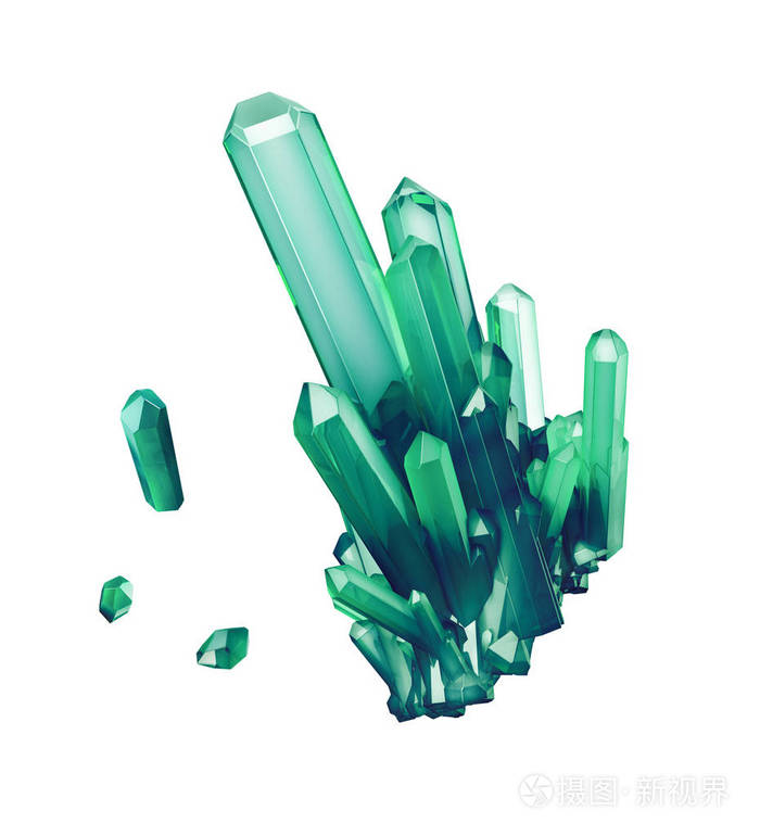 3d 渲染,翡翠绿水晶白色背景,宝石,天然金块,深奥的配件上孤立