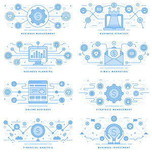 扁线插图和图标业务概念集