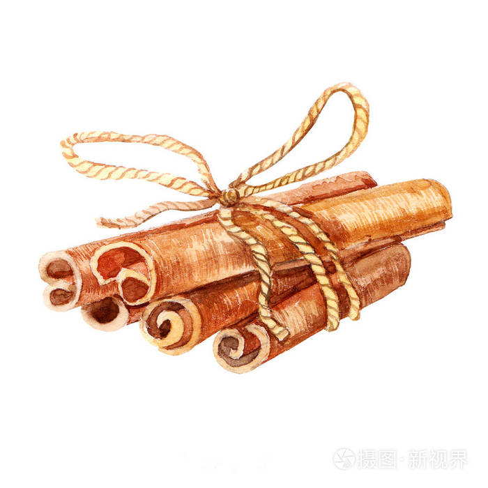 水彩香肉桂棒图像肉桂图标图孤立在白色背景上水彩手绘食物对象手工
