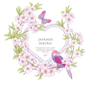 日本绽放粉色樱花和鸟类与 p 的插图
